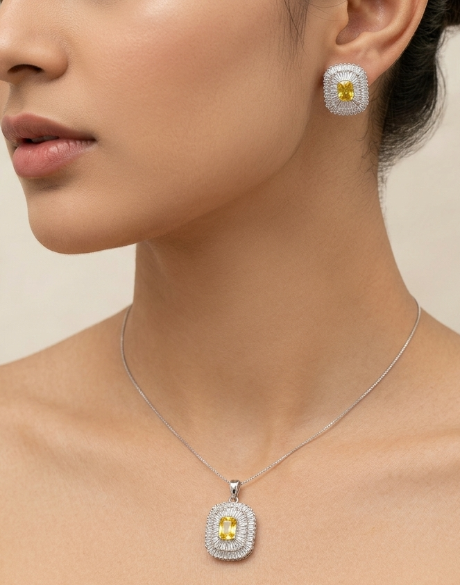 92.5 Sterling Silver Yellow Citrine Radiant Pendant Set (Without Chain)