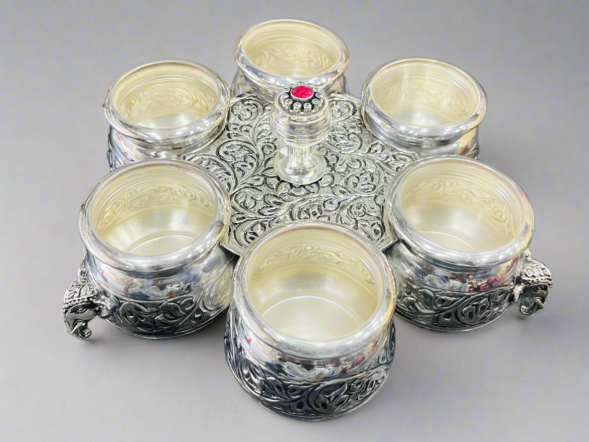 Silver Dry Fruit Barni Box – Studded Ruby with Oxidized Elephant Head Stand