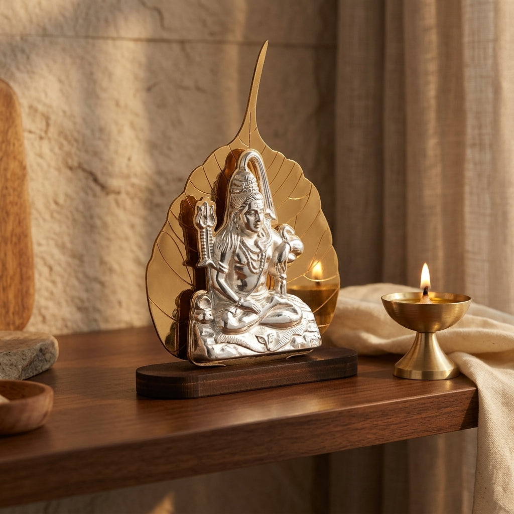92.5 Silver Mahadev Wooden Peepal Leaf Table Stand