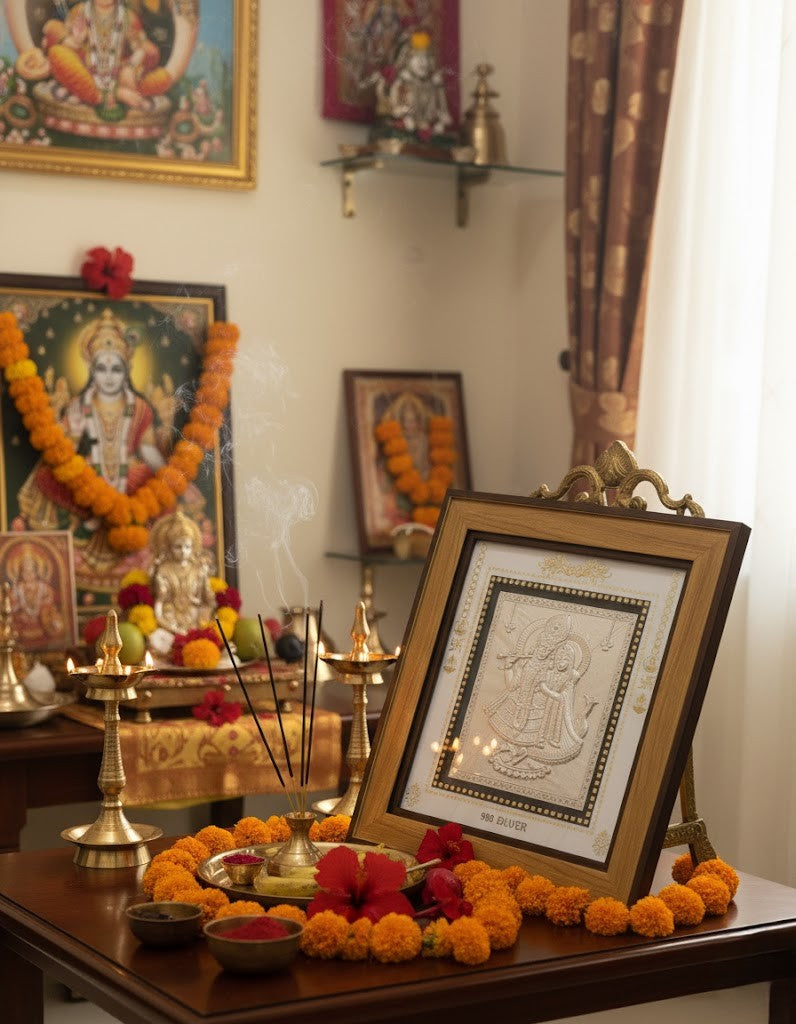 999 Pure Silver Radha Krishna Photo Frame – Eternal Love & Devotion