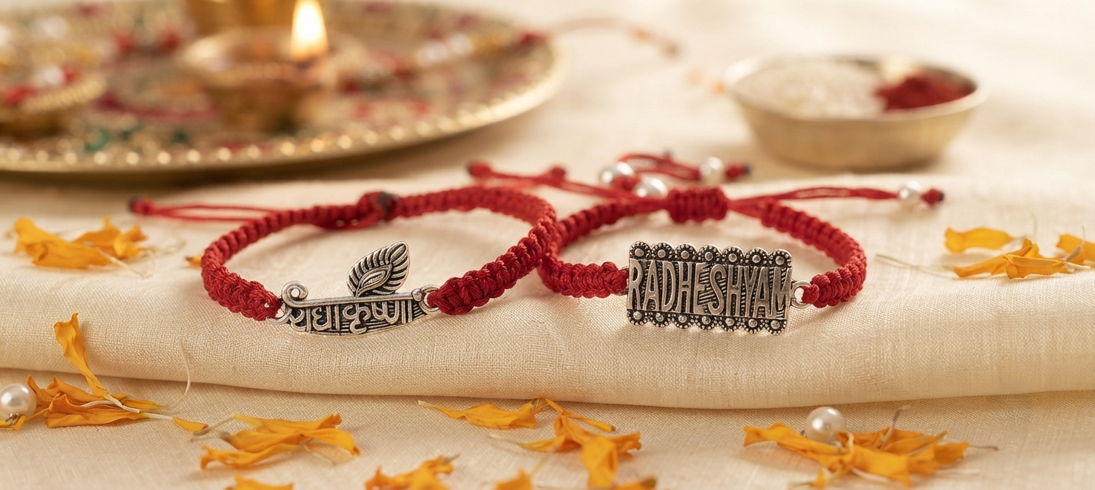 Silver Couple Rakhi Set- Ram & Floral Combo - Pack of 2 Rakhi