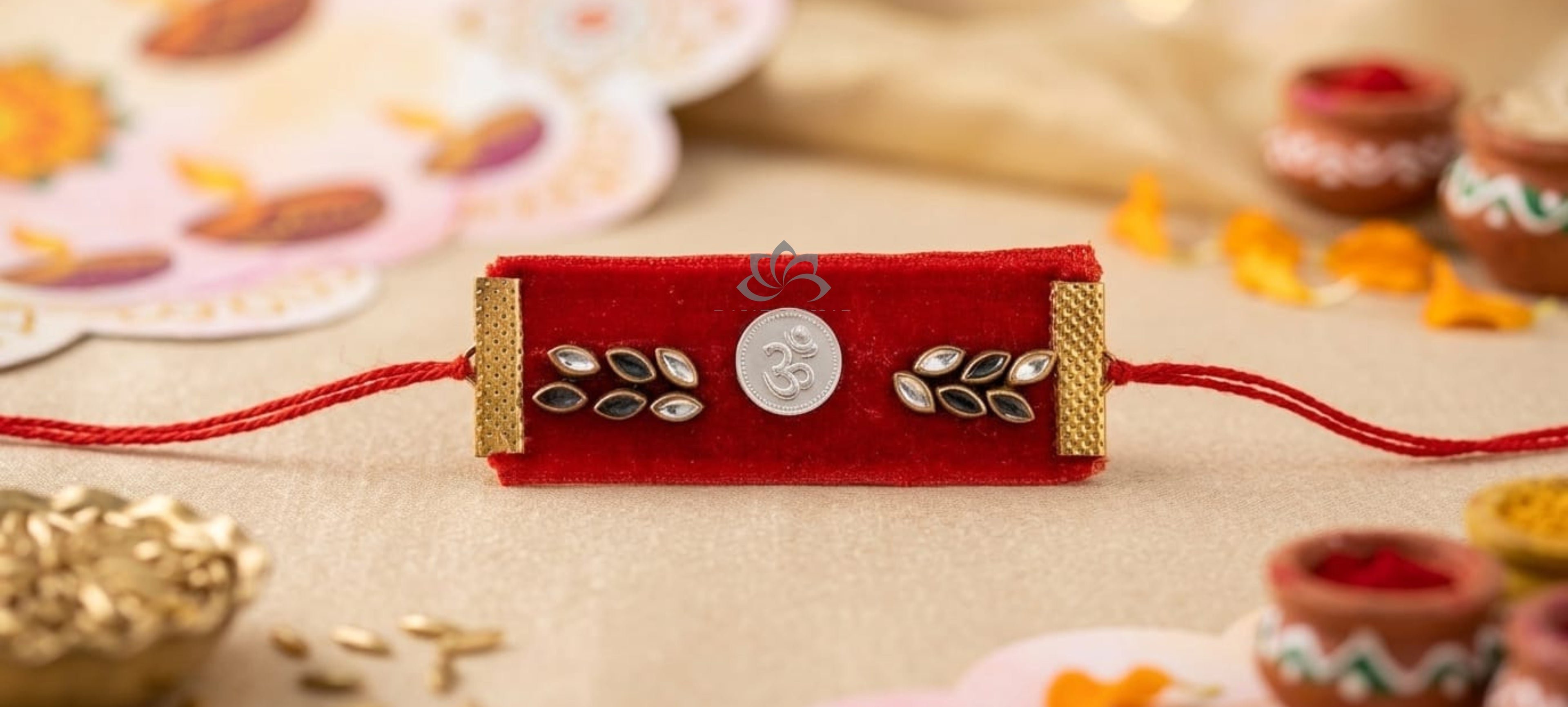 Silver Red Valvet Kundan Rakhi – Elegant Silver Rakhi