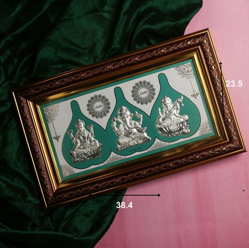 Sarva Mangala Tridev 999 Silver Frame- Lakshmi, Ganesh & Saraswati Size 23x38 cm