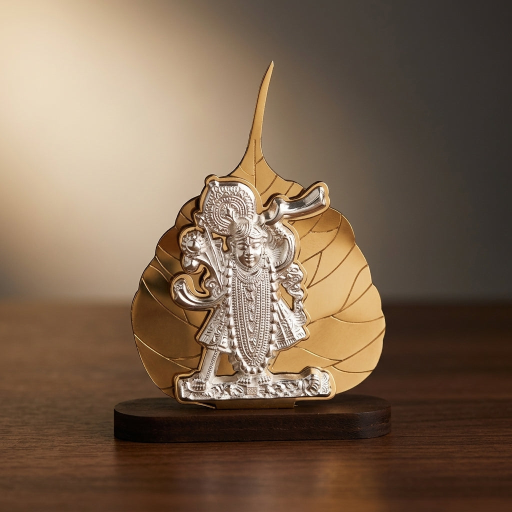 92.5 Silver Shrinath Ji Wooden Peepal Leaf Table Stand
