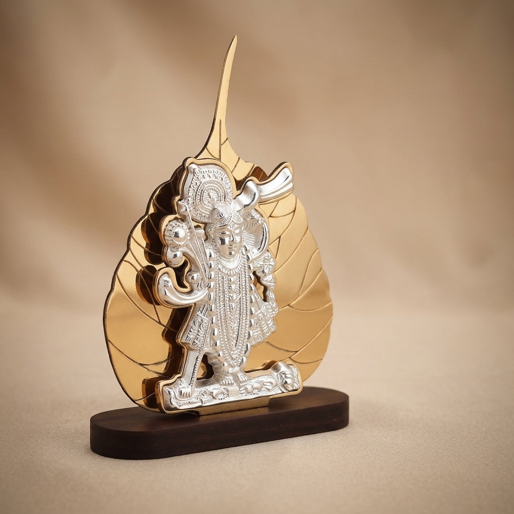 92.5 Silver Shrinath Ji Wooden Peepal Leaf Table Stand
