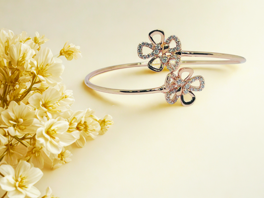 Silver Rose Gold Single Hand Bangle - Dual Flower
