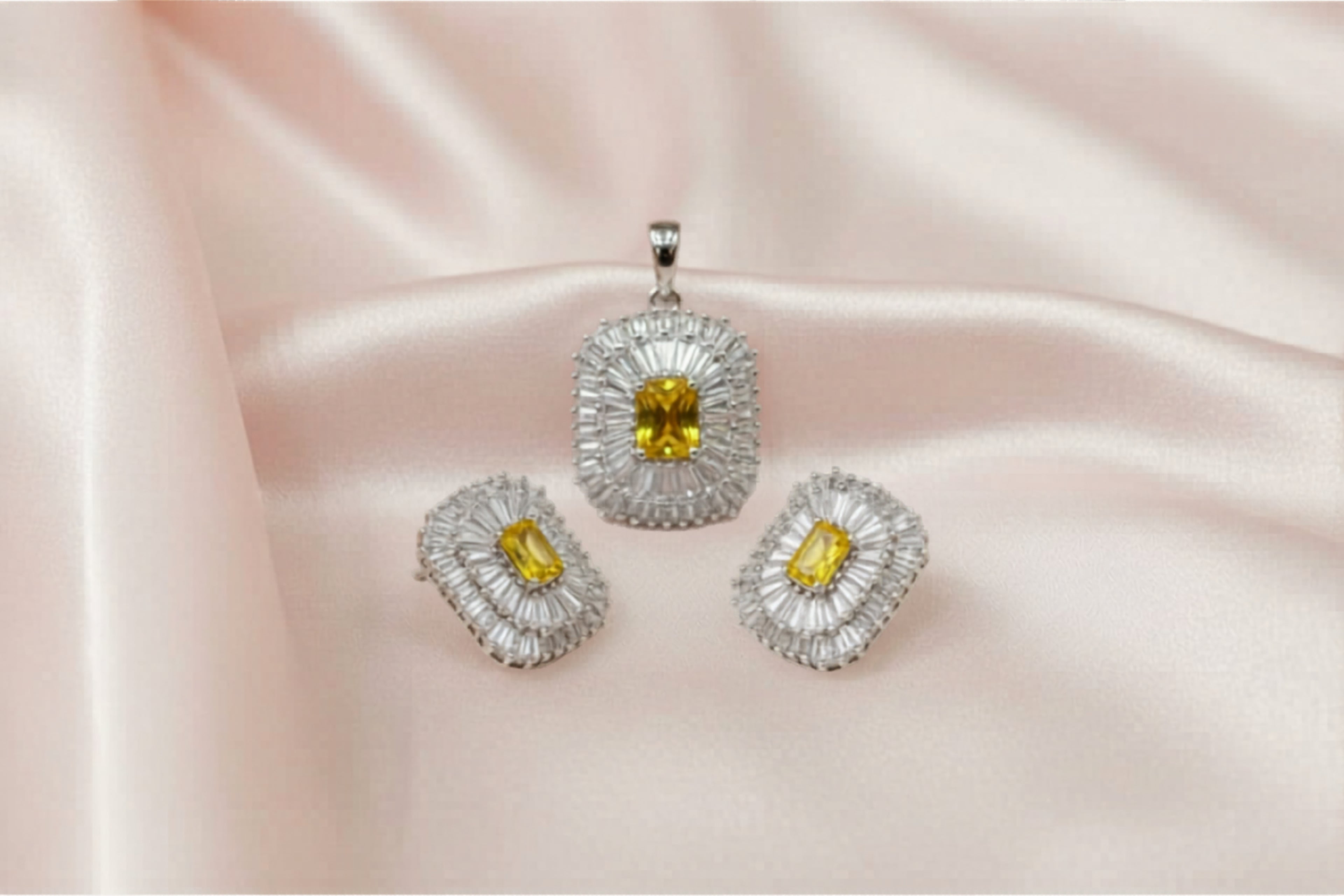 92.5 Sterling Silver Yellow Citrine Radiant Pendant Set (Without Chain)