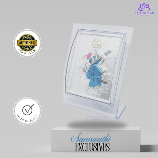 999 Silver Saraswati Ji Photo Frame Idol