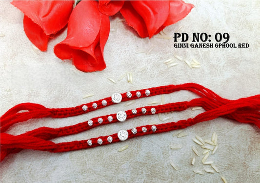 Silver Rakhi- Ganesh 6 Phool Red