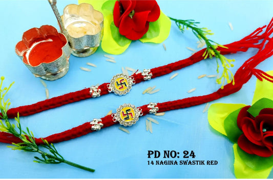 Silver Rakhi-14 Nagina Swastik Red