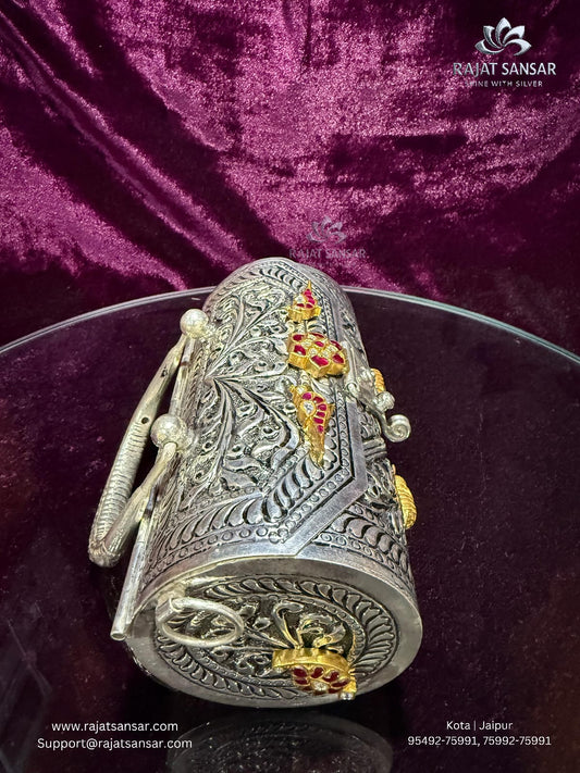 Silver Oxidized Purse - KUNDAN WORK WITH GOLD POLISH