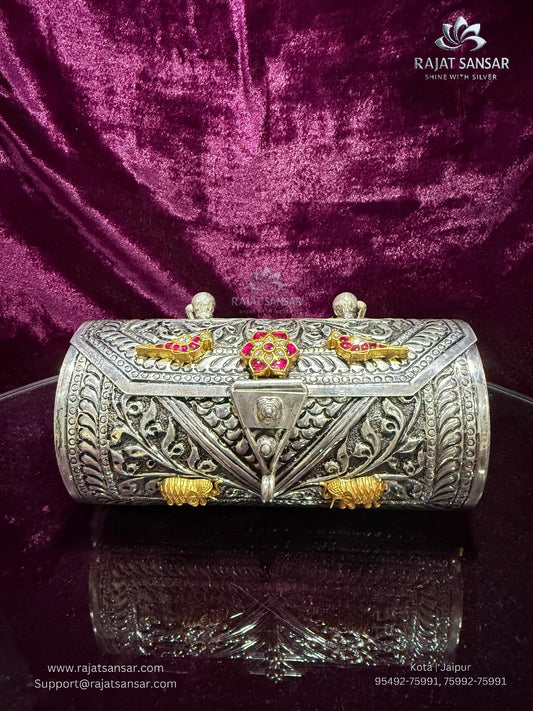 Silver Oxidized Purse - KUNDAN WORK WITH GOLD POLISH