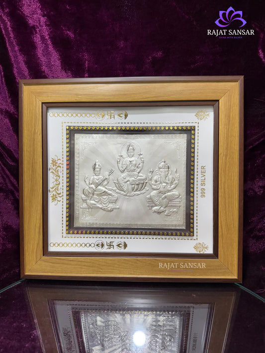 999 Pure Silver Saraswati, Laxmi & Ganesh Ji Photo Frame – Wisdom, Wealth & Prosperity
