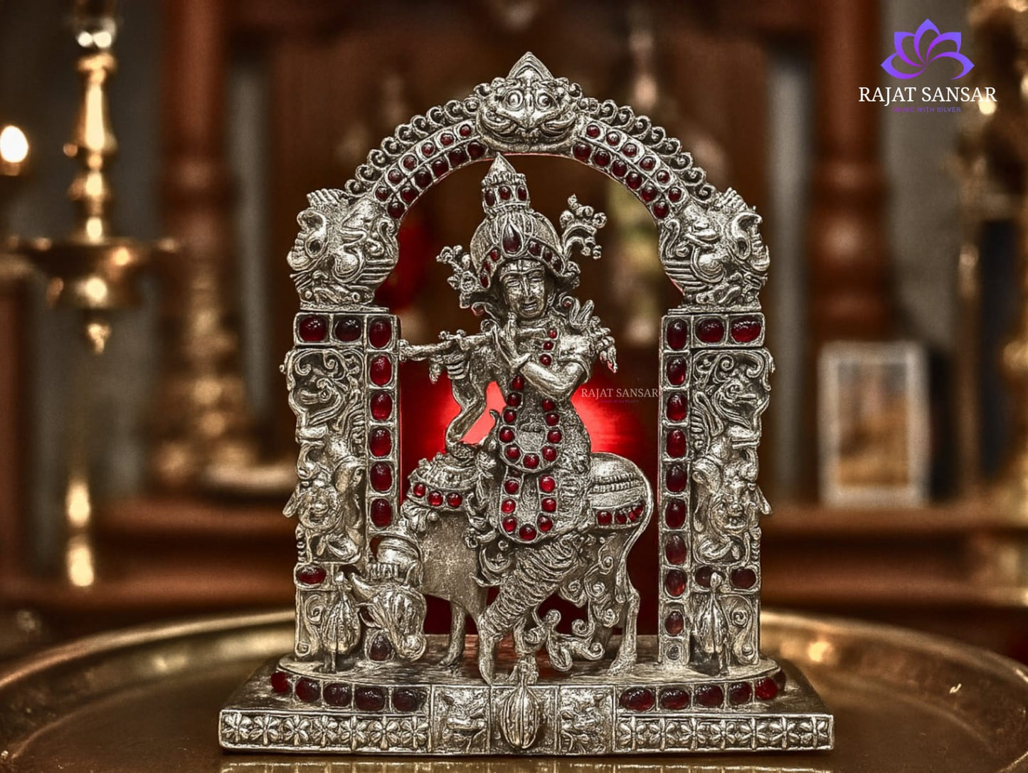 92.5 Silver Krishna Idol with Ruby Stone Work