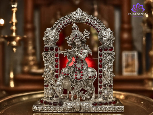 92.5 Silver Krishna Idol with Ruby Stone Work