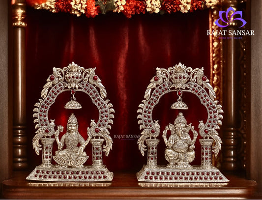 92.5 Silver Laxmi & Ganesh Ji Idol with Ruby Stone Work