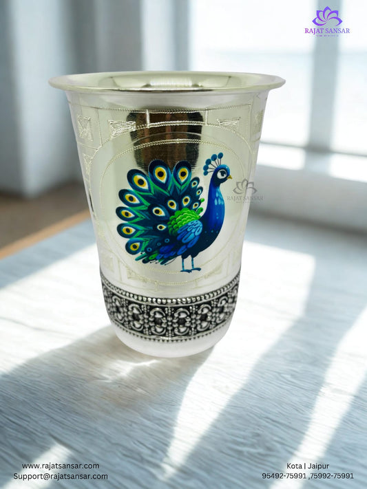 92.5 Silver Glass-  Meenakari Oxidized Peacock Glass