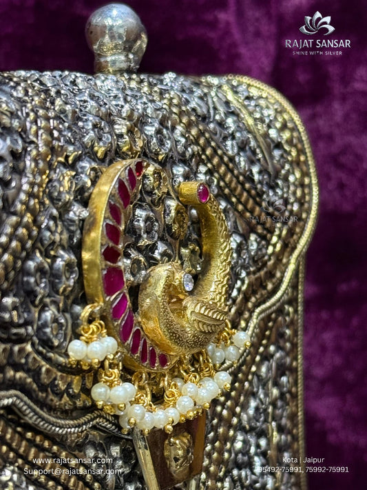 Silver Oxidized Purse - KUNDAN WORK WITH GOLD POLISH