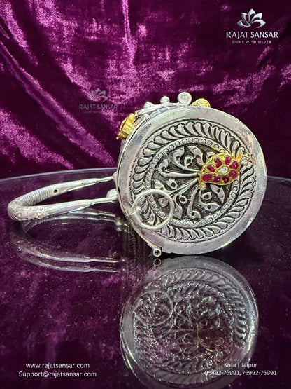 Silver Oxidized Purse - KUNDAN WORK WITH GOLD POLISH