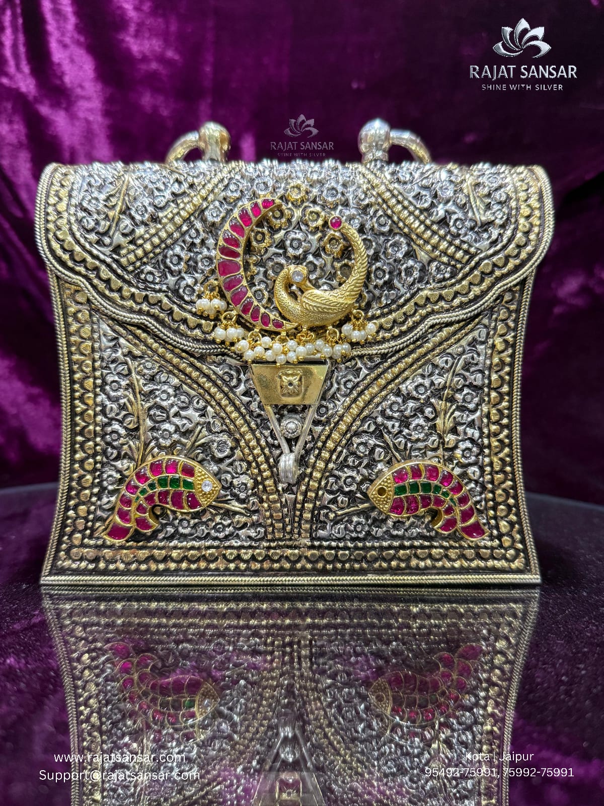 Silver Oxidized Purse - KUNDAN WORK WITH GOLD POLISH