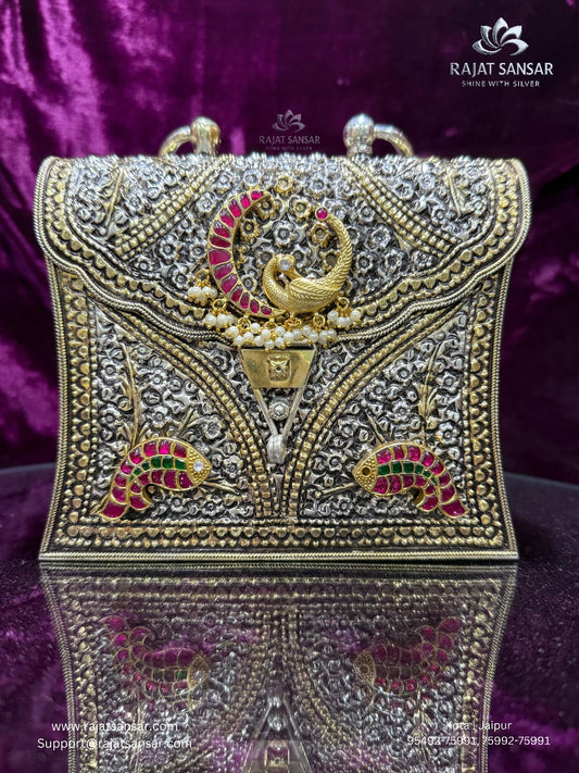 Silver Oxidized Purse - KUNDAN WORK WITH GOLD POLISH