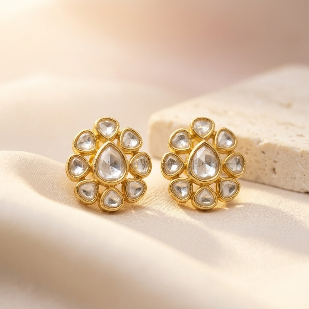 92.5 Silver Polki Floral Pattern Stud Earring