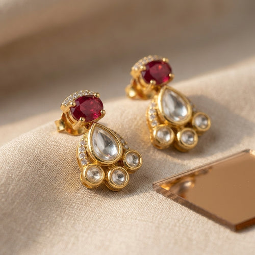 92.5 Silver Heritage Ruby Kundan Drop Studs