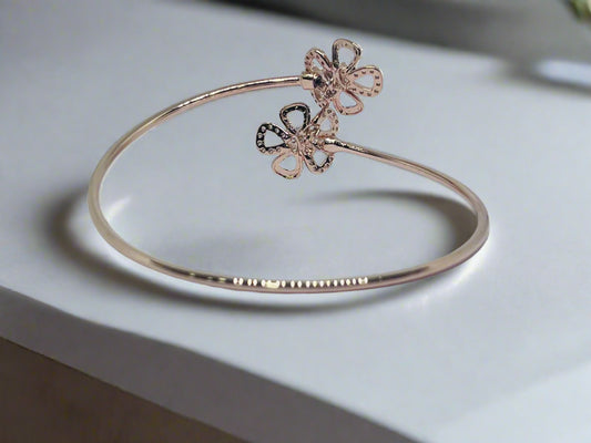 Silver Rose Gold Single Hand Bangle - Dual Flower