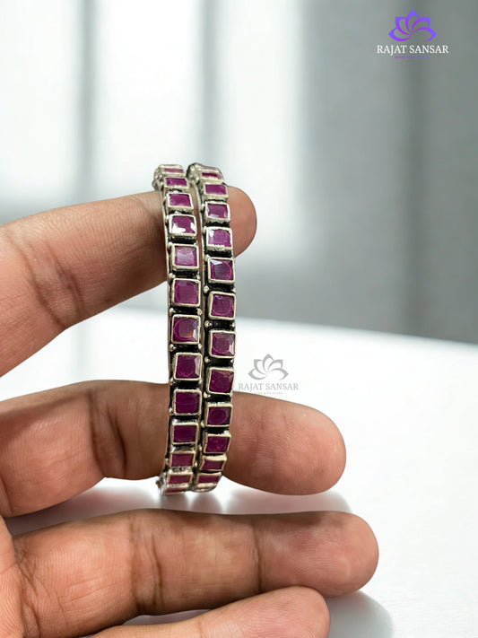 92.5 Square Ruby Cut Stone Silver Bangles