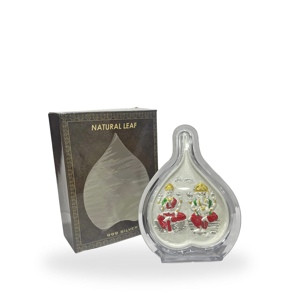 999 Pure Silver Laxmi & Ganesh Ji Pan Shape Frame | Divine Home & Office Decor 5X6 Inch
