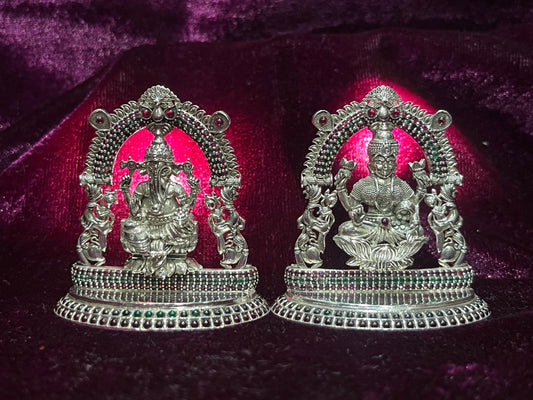 92.5 Silver Laxmi & Ganesh Ji Idol with Ruby Stone Work