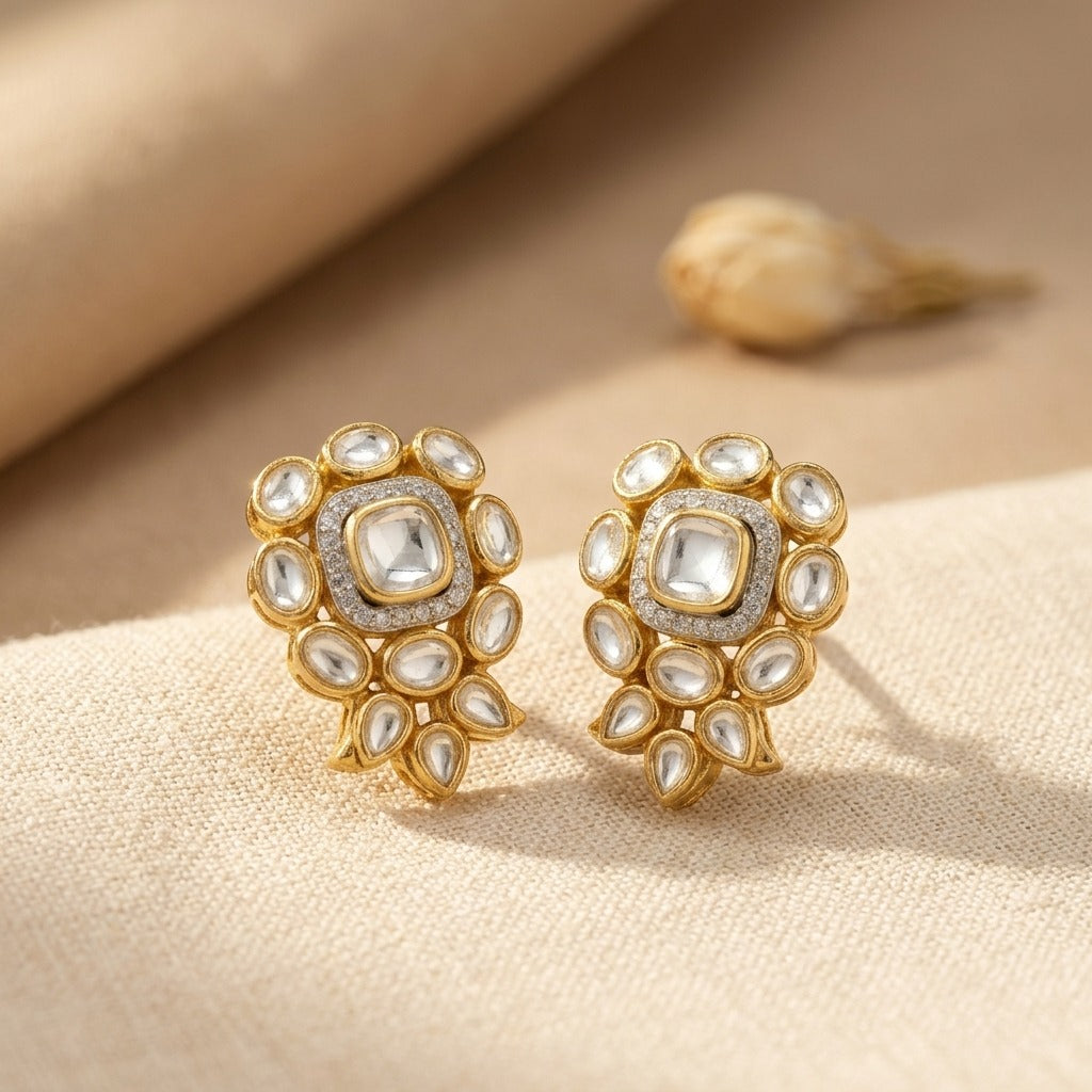 92.5 Silver Polki Pear- Shaped Stud Earring