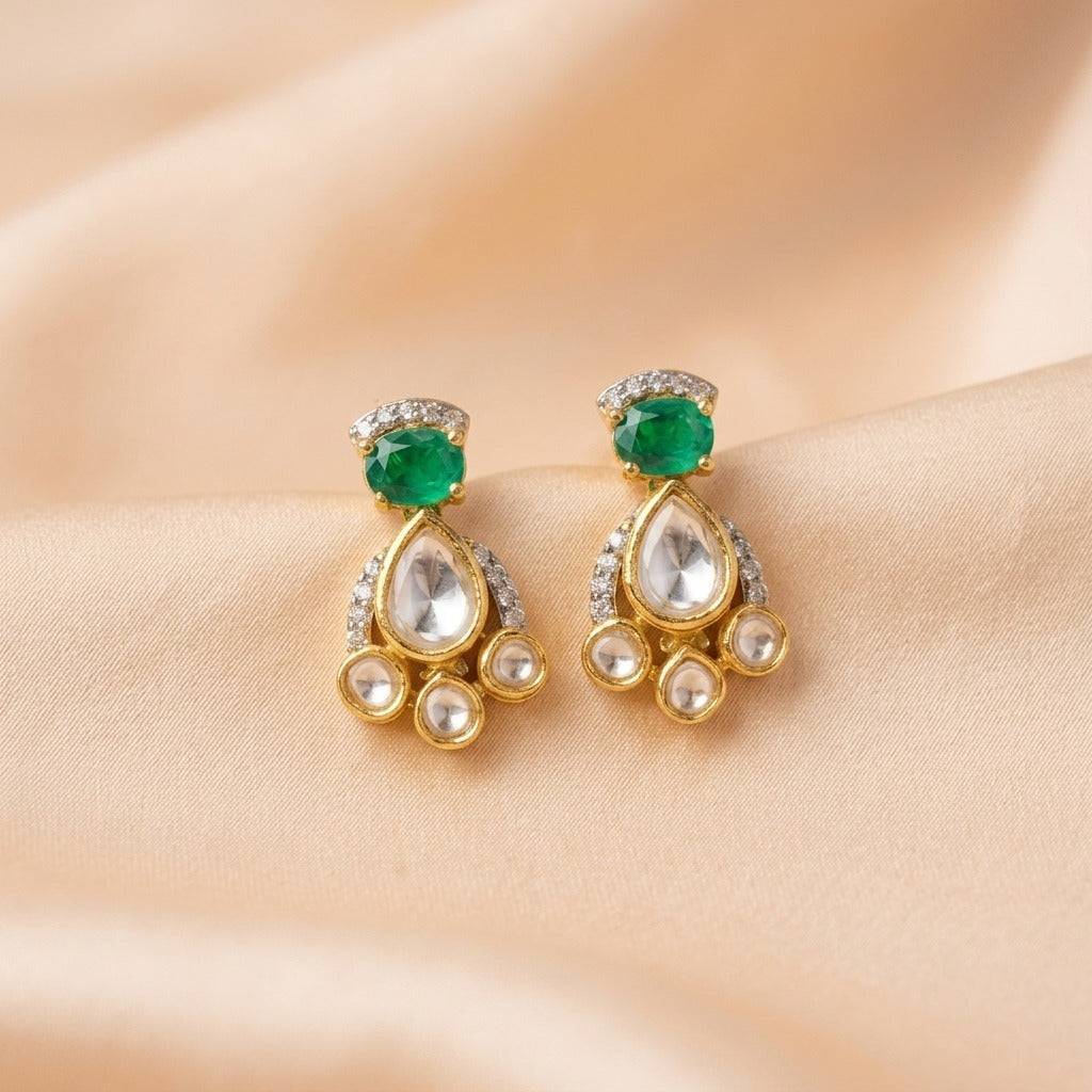 92.5 Silver Polki Earring Stud with Green Stone