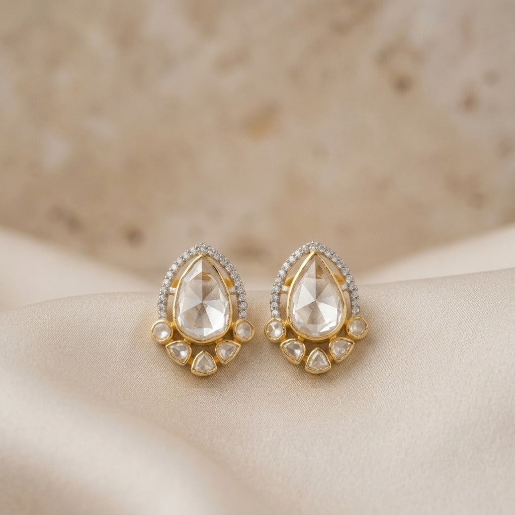 92.5 Silver Polki Tear-Drop shaped moissanite Stud Earring