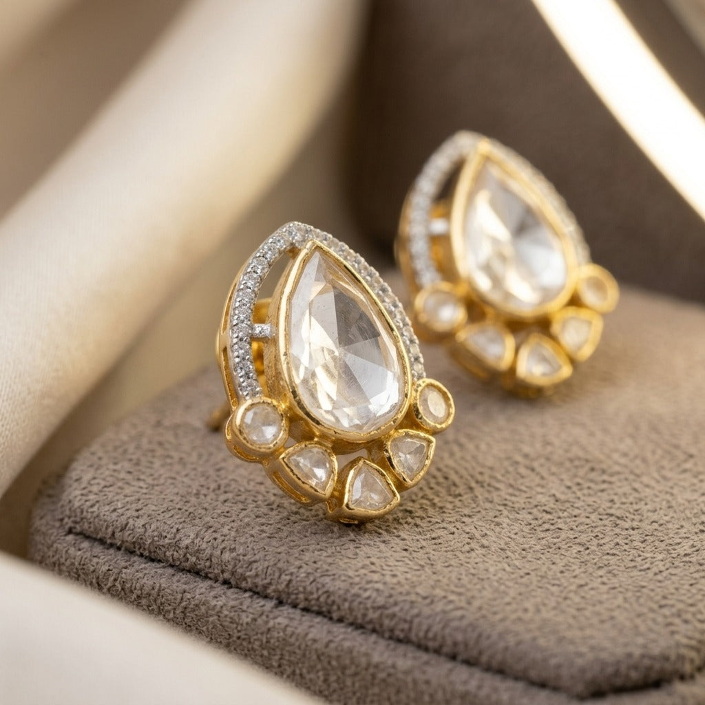 92.5 Silver Polki Tear-Drop shaped moissanite Stud Earring