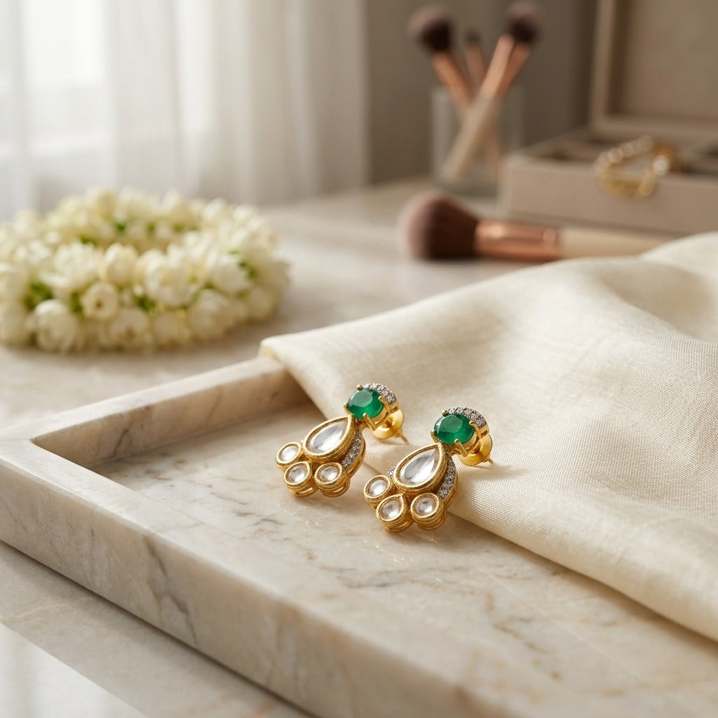 92.5 Silver Polki Earring Stud with Green Stone