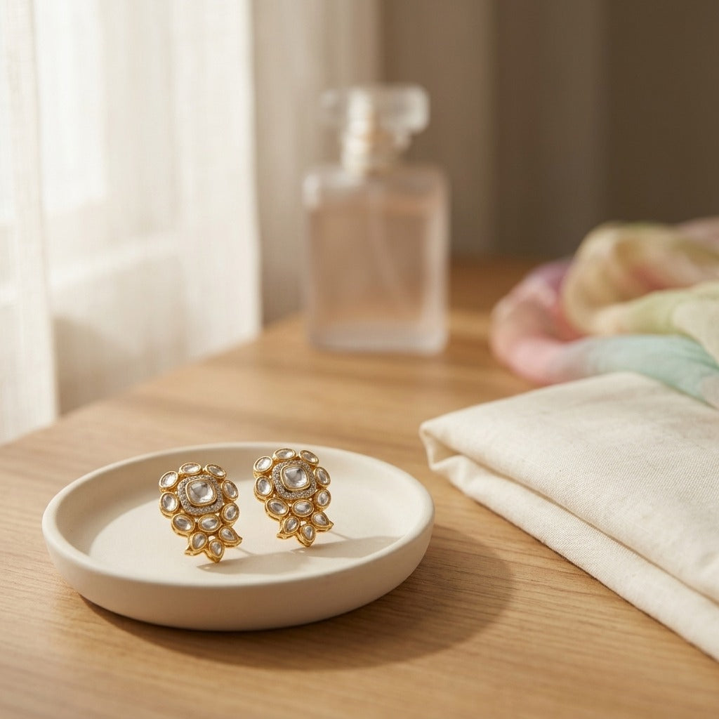 92.5 Silver Polki Pear- Shaped Stud Earring
