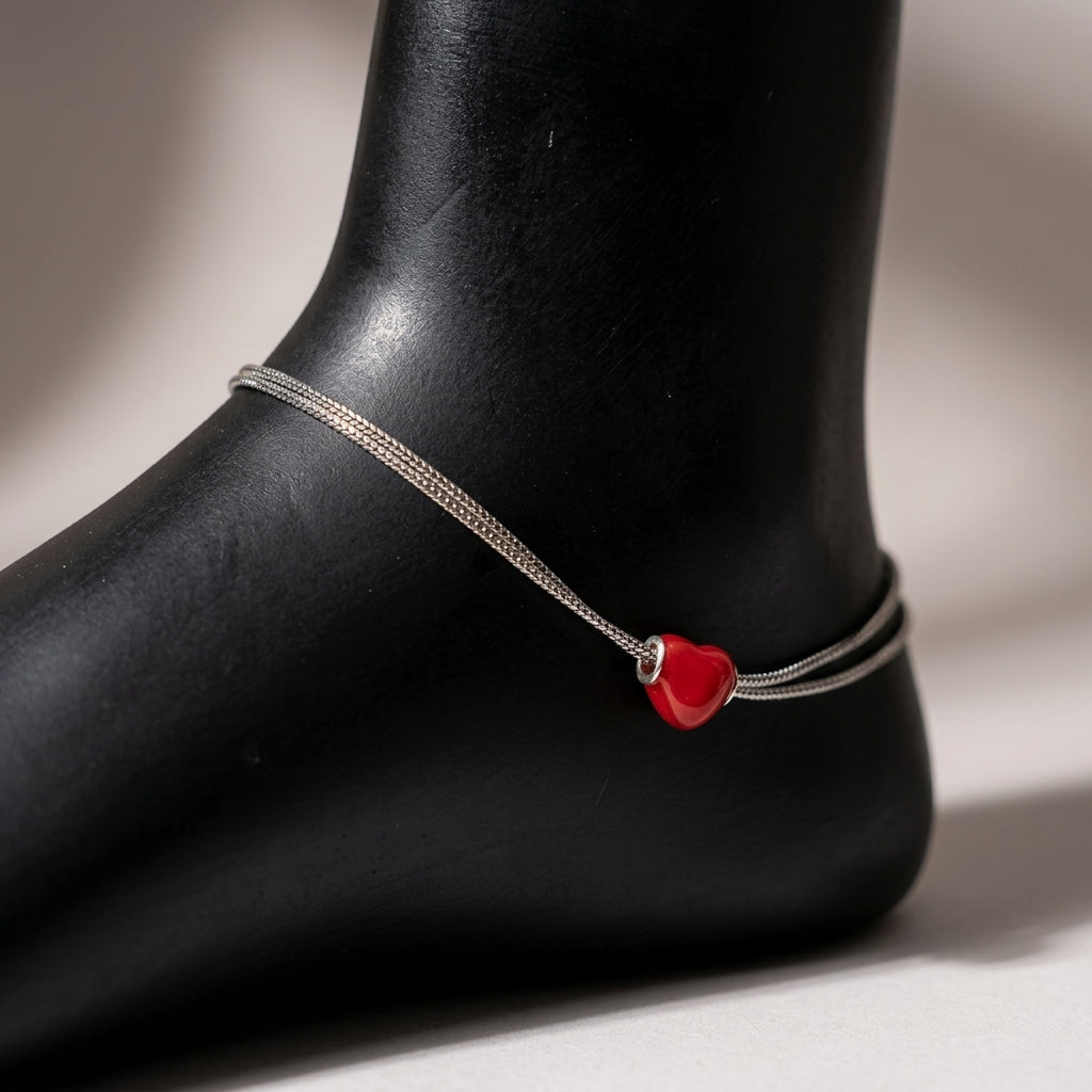 92.5 Italian Silver Anklet with Red Heart- Shaped