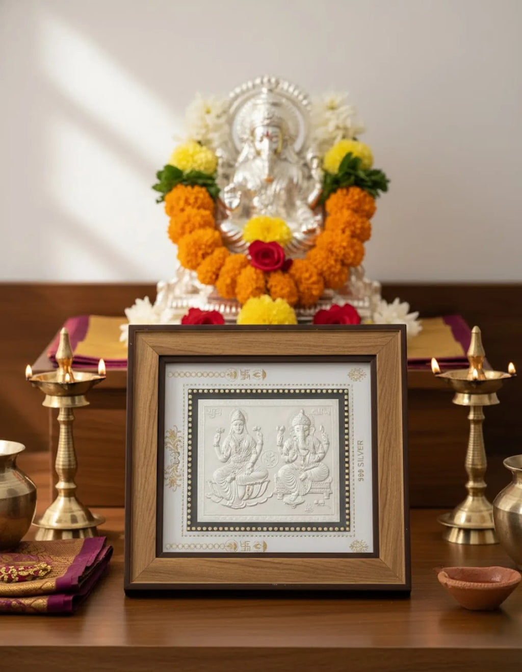 999 Pure Silver Laxmi & Ganesh Ji Photo Frame – Blessings of Wealth & Auspicious Beginnings 9X9 Inch