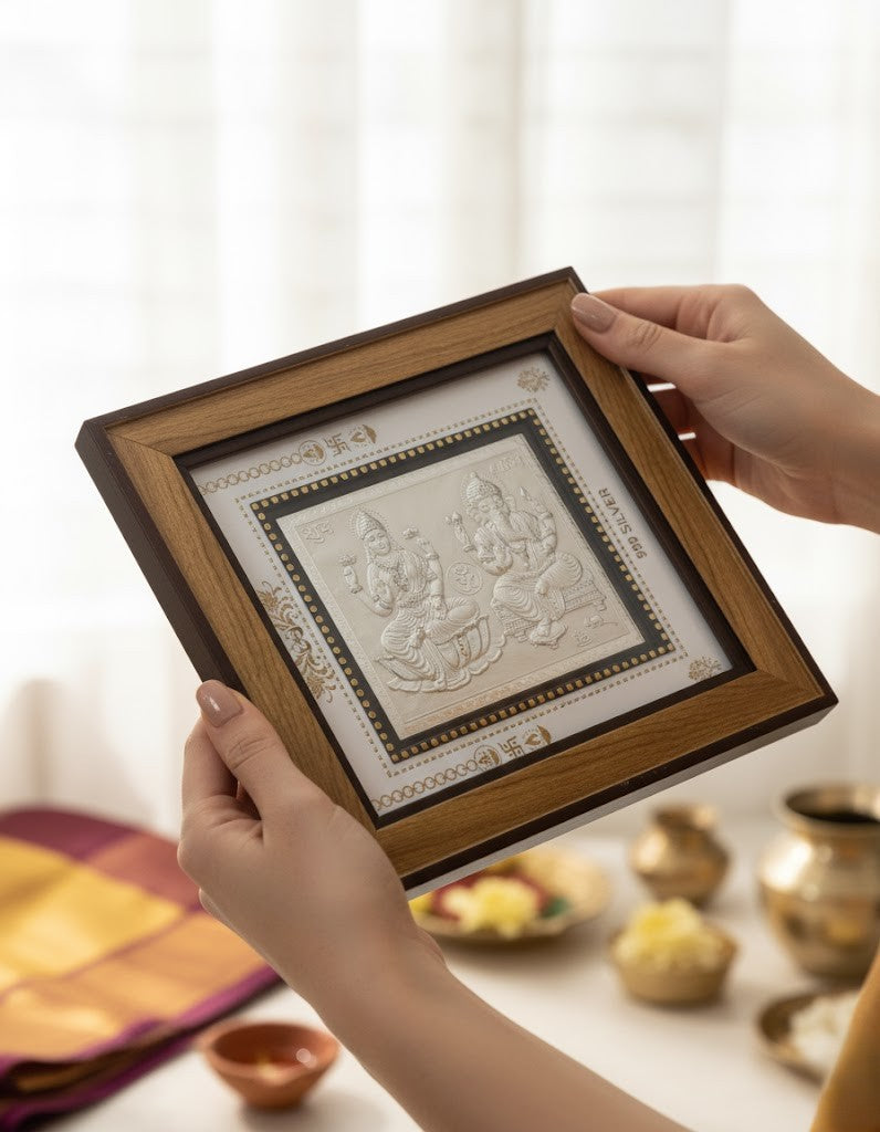999 Pure Silver Laxmi & Ganesh Ji Photo Frame – Blessings of Wealth & Auspicious Beginnings 9X9 Inch