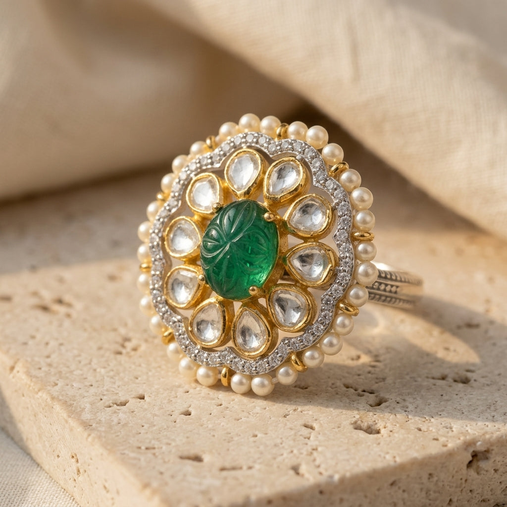 The Maharani Floral 92.5 Silver Polki Statement Ring