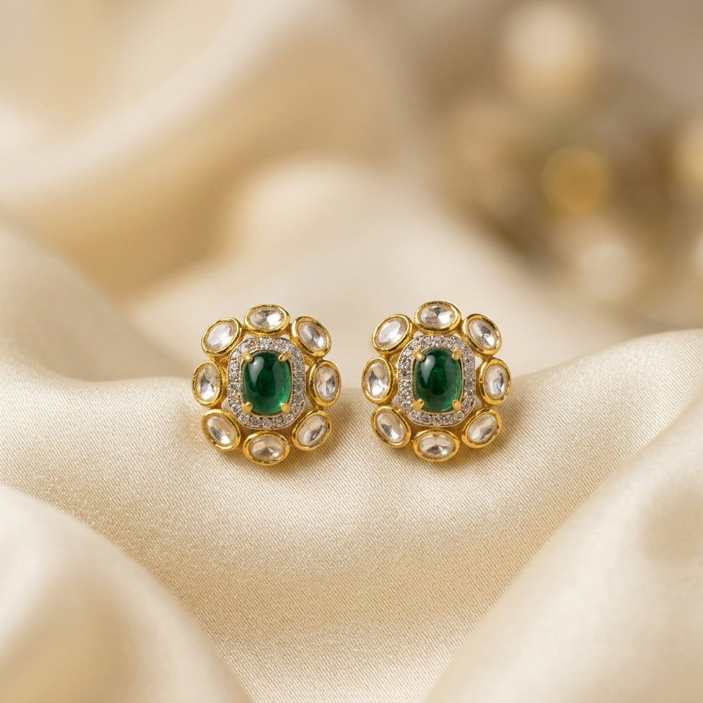925 Silver Kundan with Emerald Green centre Stud Earrings