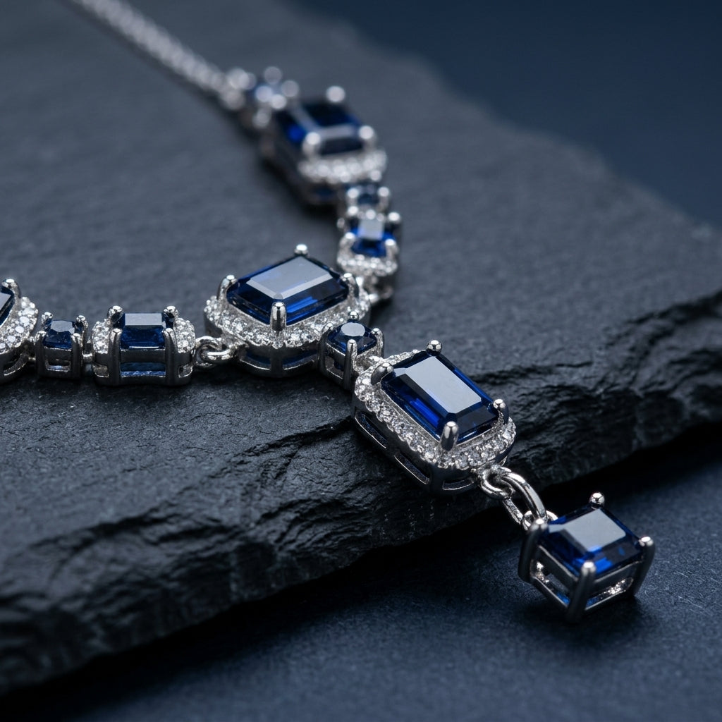 92.5 Sterling Silver Necklace earring set with cut blue stones
