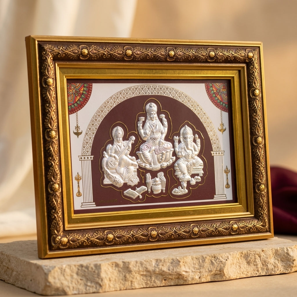 999 Silver Saraswati Laxmi Ganesh Ji Frame – Divine Blessings for Home & Office 9 Inches x 13 Inches
