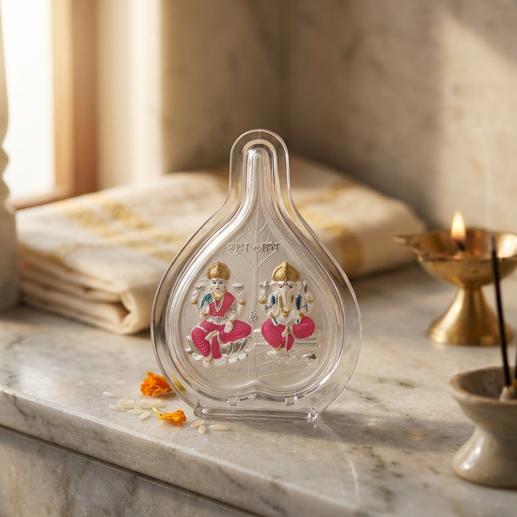 999 Pure Silver Laxmi & Ganesh Ji Pan Shape Frame | office desk, Home Decor & Gifting 6x5 Inch