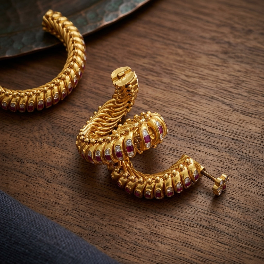 Rajwadi Ruby 92.5 Silver Gold Polished Heritage Bangdi Bangle