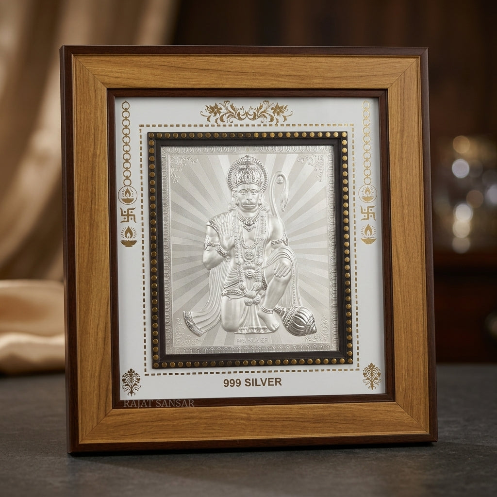 999 PURE SILVER HANUMAN JI PHOTO FRAME – Symbol of Strength & Protection 11x10 Inch