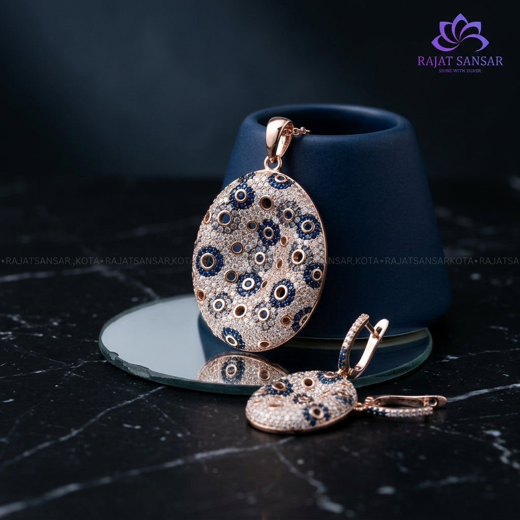 92.5 Silver rose gold finish Mosaic-style Pattern Pendant Set