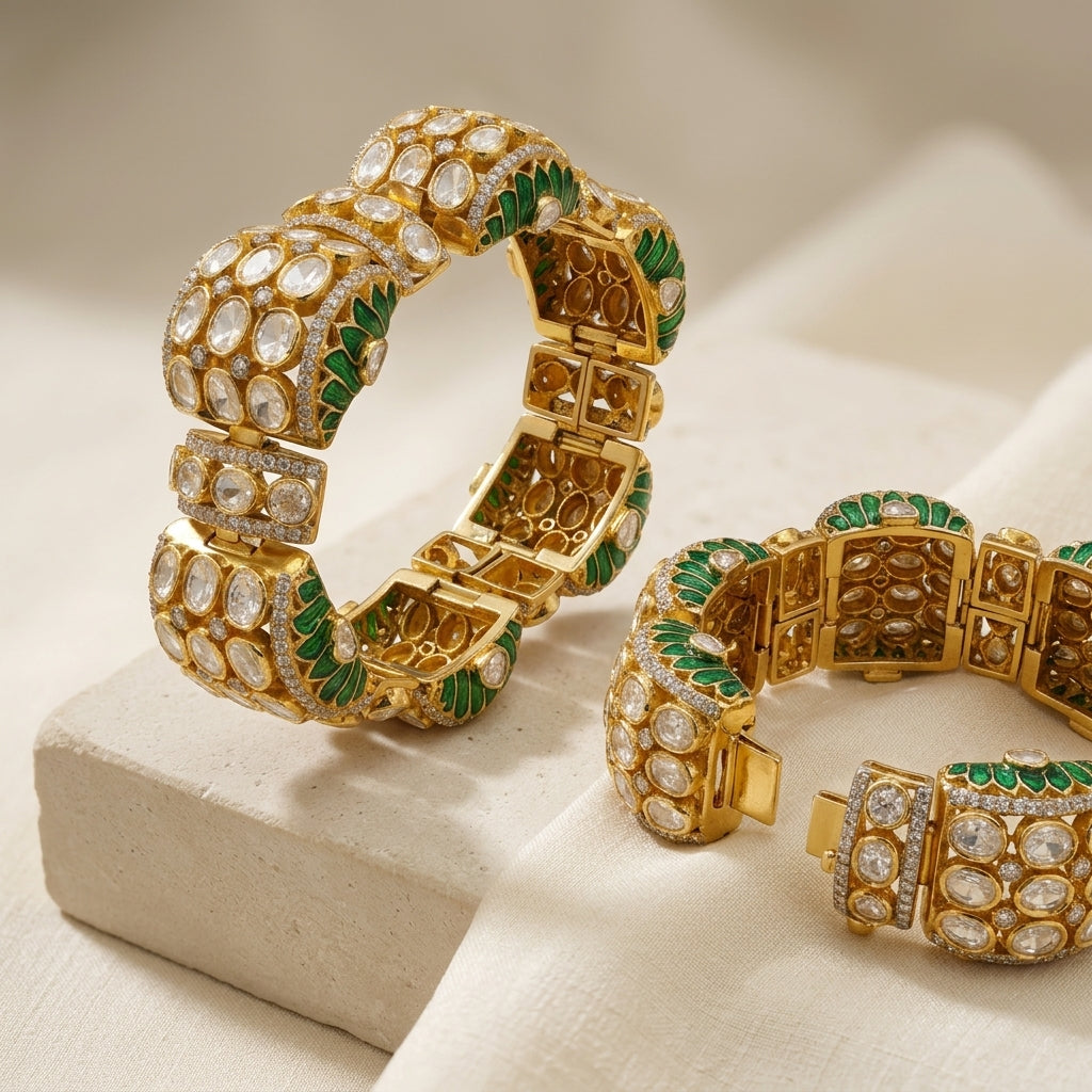 92.5 Silver Polki Jadau Bangle deep royal green shade