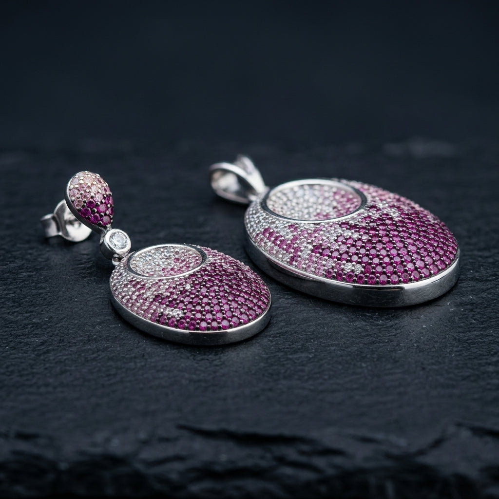 925 Silver Rose Pave Oval Pendant Set